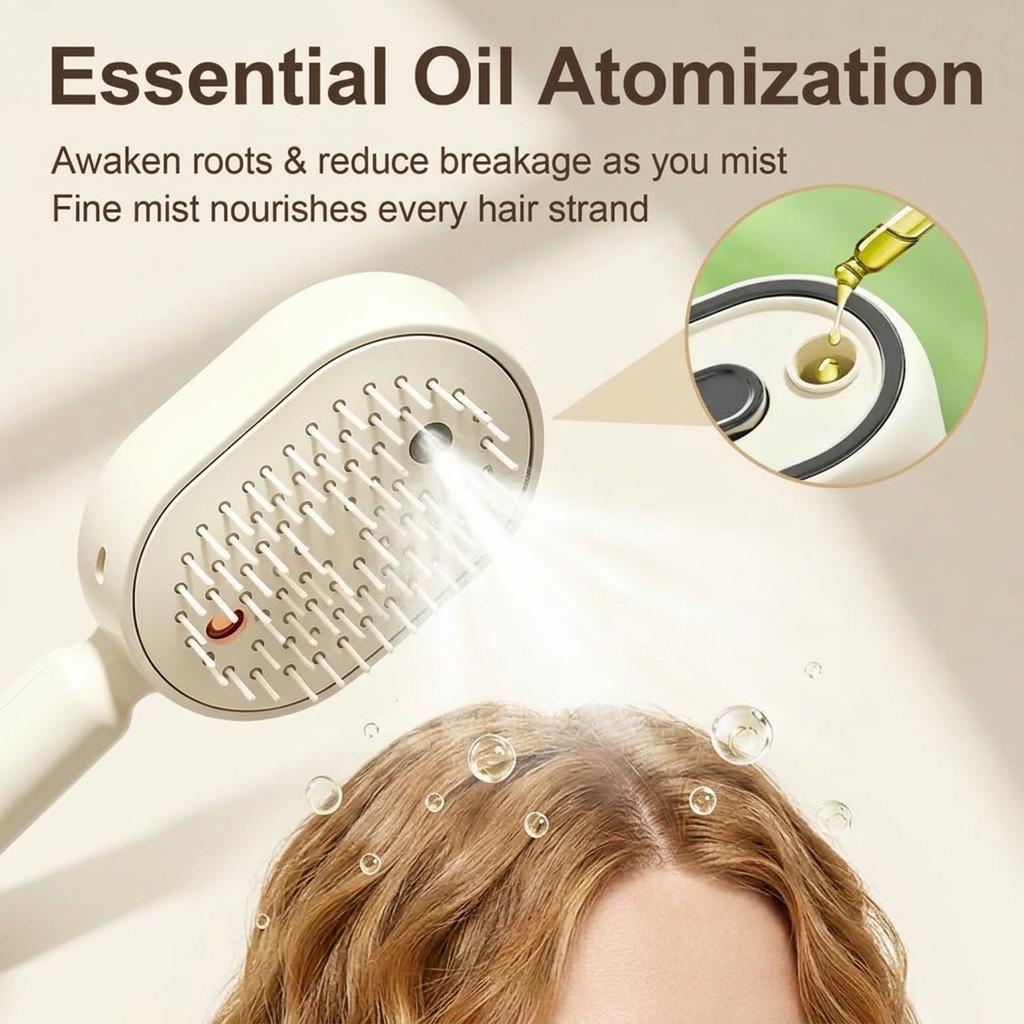 Electric Spray Air Cushion Massage Comb with Self-Cleaning, Anti-Tangle, Anti-Static, Volumizing Functions and Essential Oil Mist Aromatherapy Hair Care